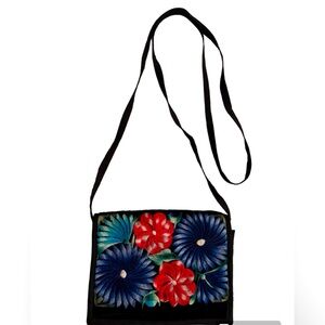 Embroidered Crossbody Purse/Black Velvet with Colorful Flowers/Pockets/Zips/EUC